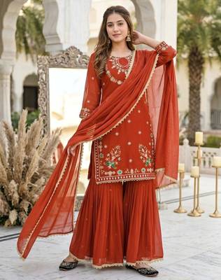 Dark-orange faux georgette embroidered palazzo set 2
