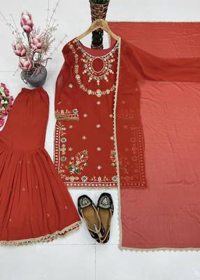 Dark-orange faux georgette embroidered palazzo set 3