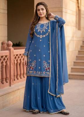 Blue faux georgette embroidered palazzo set 1