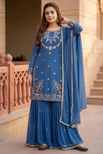 Blue faux georgette embroidered palazzo set