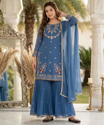 Blue faux georgette embroidered palazzo set 2