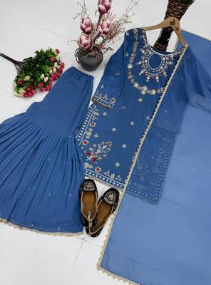 Blue faux georgette embroidered palazzo set 3