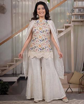 Off-white silk blend embroidered palazzo set 1