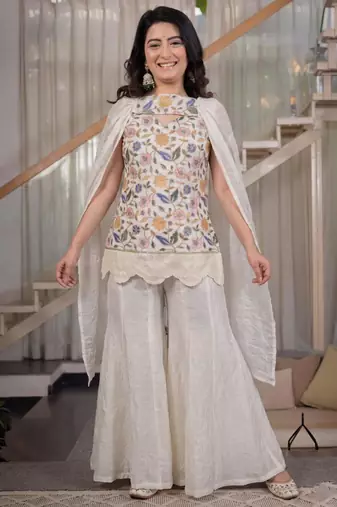 Off-white silk blend embroidered palazzo set