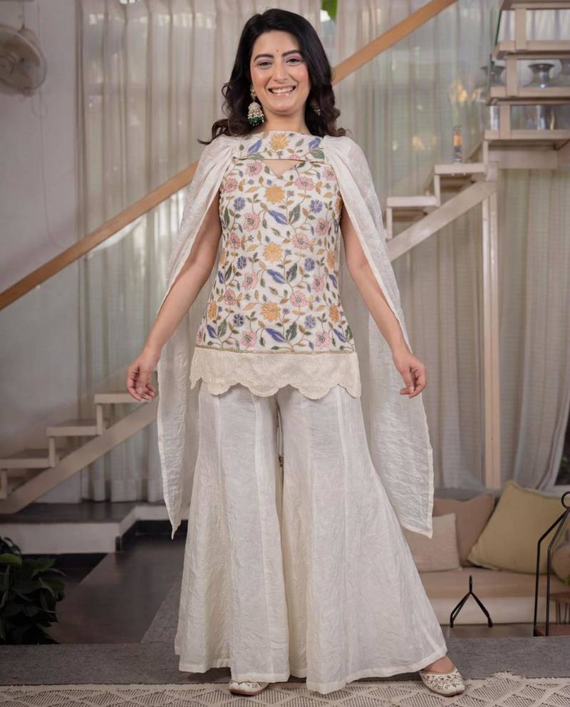 Off-white silk blend embroidered palazzo set