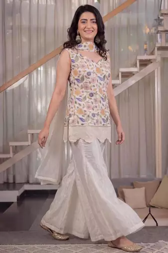 Off-white silk blend embroidered palazzo set