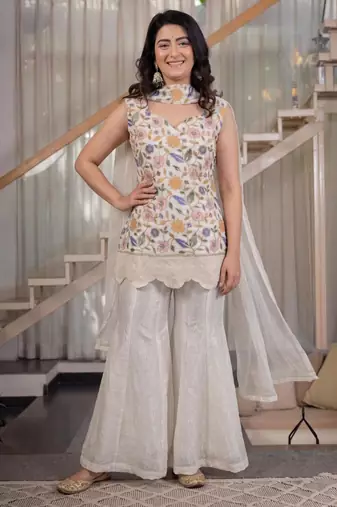 Off-white silk blend embroidered palazzo set