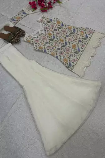 Off-white silk blend embroidered palazzo set
