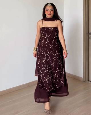 Dark-brown faux georgette embroidered palazzo set 1