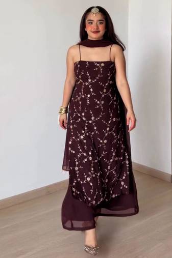 Dark-brown faux georgette embroidered palazzo set