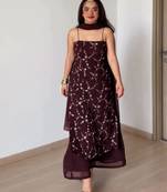 Dark-brown faux georgette embroidered palazzo set