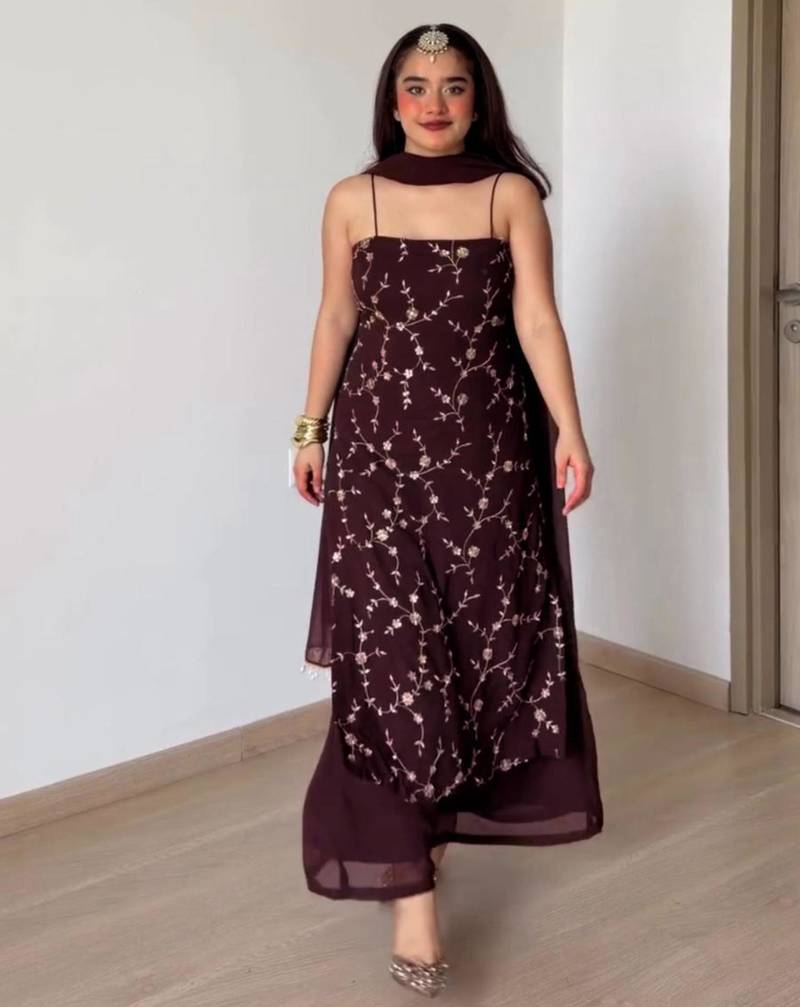 Dark-brown faux georgette embroidered palazzo set