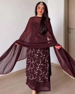 Dark-brown faux georgette embroidered palazzo set 2