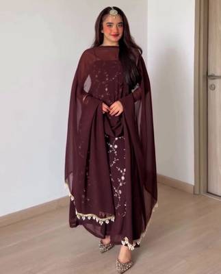 Dark-brown faux georgette embroidered palazzo set 3