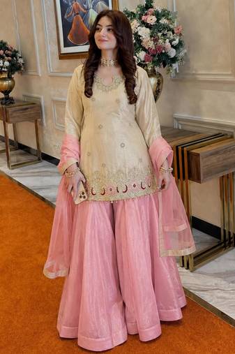 Beige silk blend embroidered palazzo set