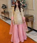 Beige silk blend embroidered palazzo set