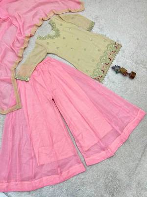 Beige silk blend embroidered palazzo set 2