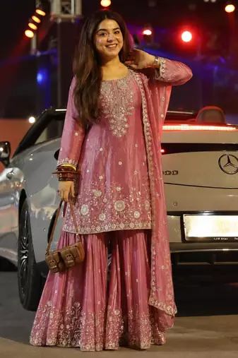 Pink silk blend embroidered palazzo set
