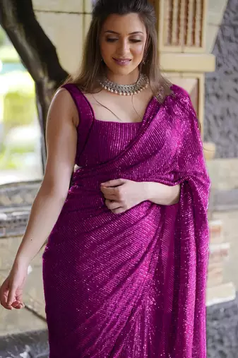 magenta pure georgette embellished sequinned party wear saree