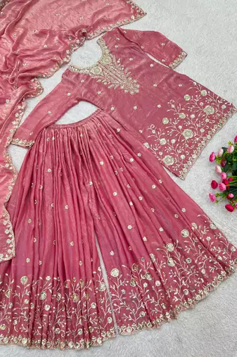 Pink silk blend embroidered palazzo set