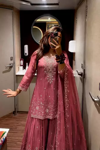 Pink silk blend embroidered palazzo set