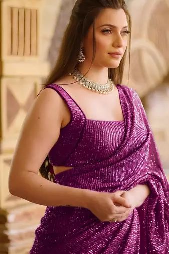magenta pure georgette embellished sequinned party wear saree