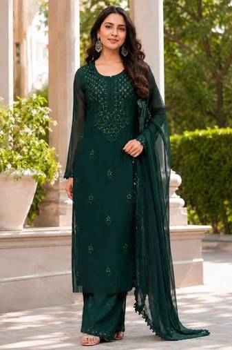 Dark-green georgette embroidered palazzo set