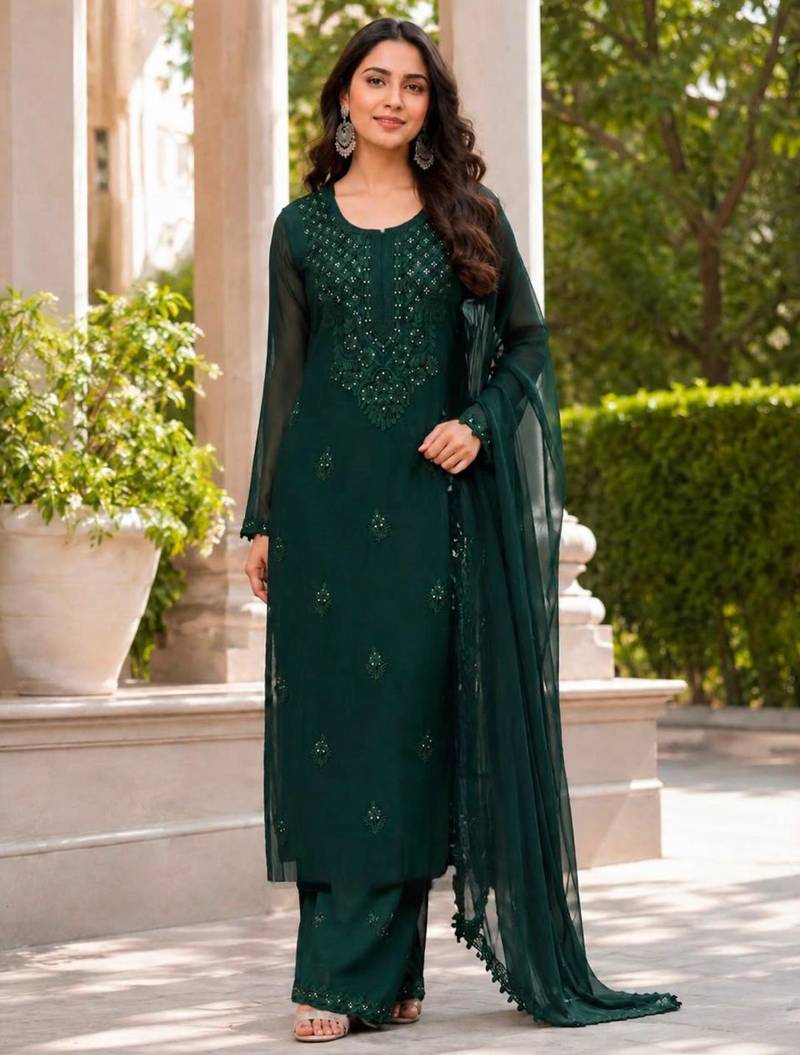 Dark-green georgette embroidered palazzo set