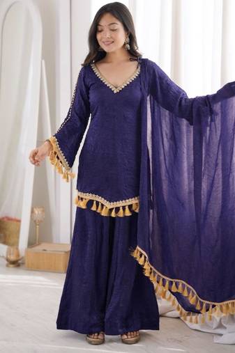 Royal-blue silk blend embroidered palazzo set