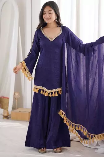 Royal-blue silk blend embroidered palazzo set