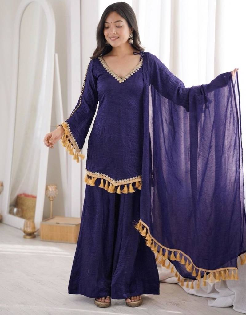 Royal-blue silk blend embroidered palazzo set