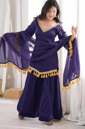 Royal-blue silk blend embroidered palazzo set
