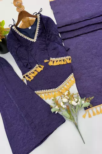 Royal-blue silk blend embroidered palazzo set