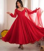 Red silk blend embroidered flared gown set