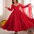 Red silk blend embroidered flared gown set