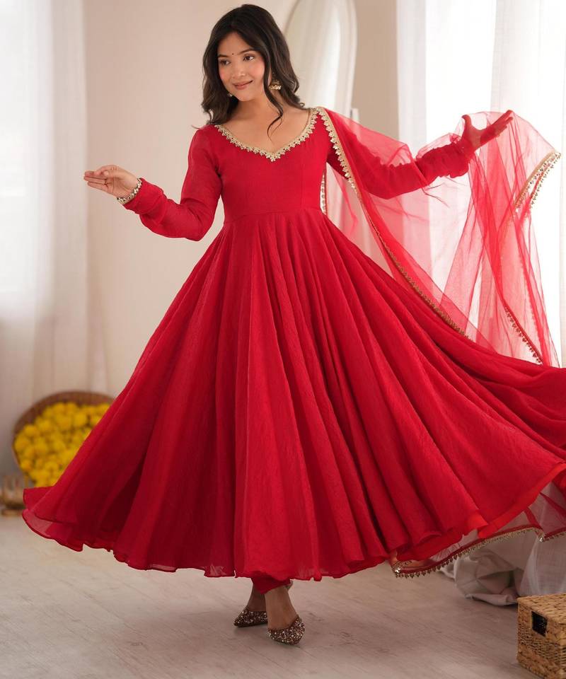Red silk blend embroidered flared gown set