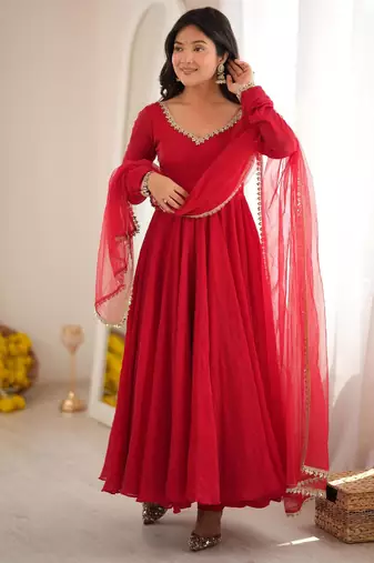 Red silk blend embroidered flared gown set