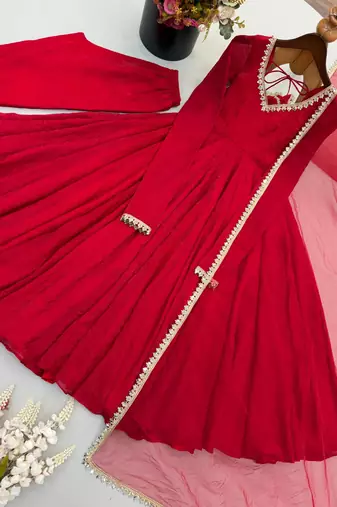 Red silk blend embroidered flared gown set