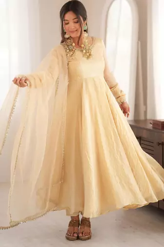 Cream silk blend embroidered flared gown set