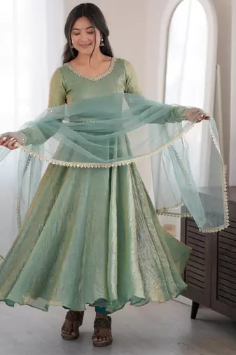 Light-green silk blend embroidered flared gown set
