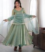Light-green silk blend embroidered flared gown set