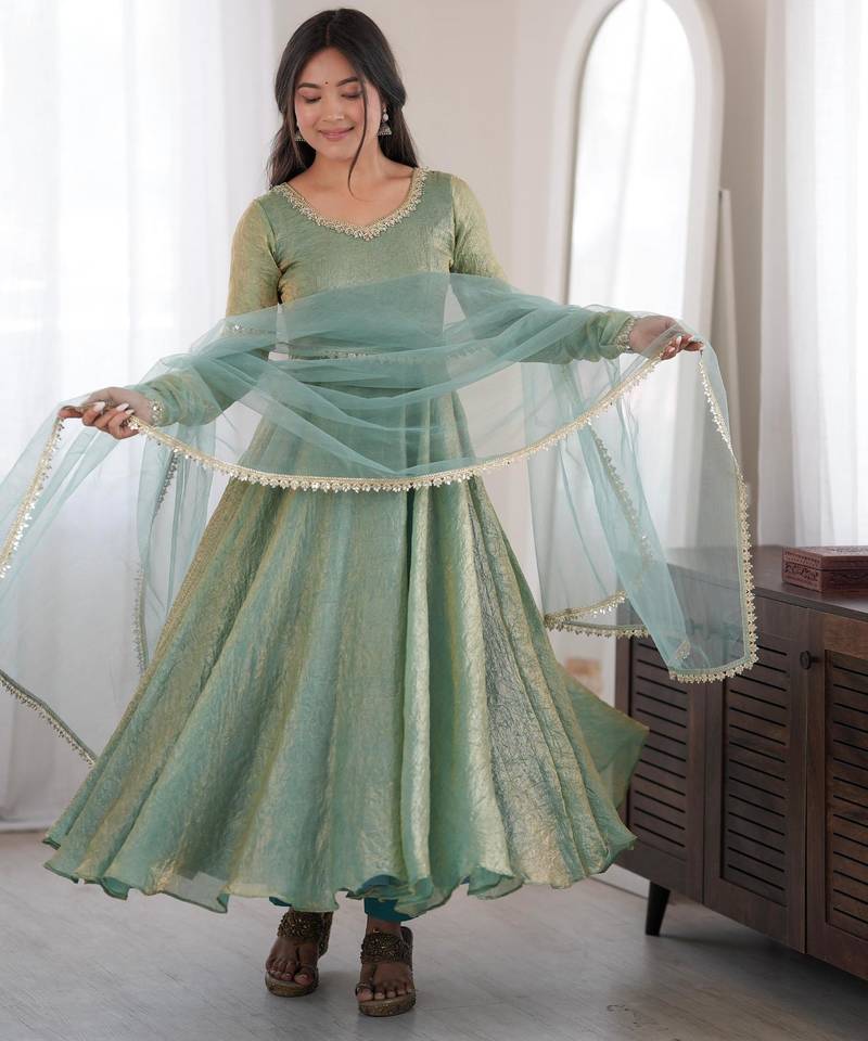 Light-green silk blend embroidered flared gown set