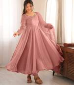 Onion-pink silk blend embroidered flared gown set