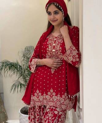 Red faux georgette embroidered palazzo set 1