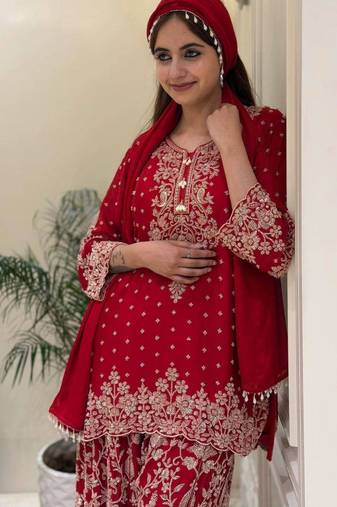 Red faux georgette embroidered palazzo set