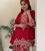 Red faux georgette embroidered palazzo set