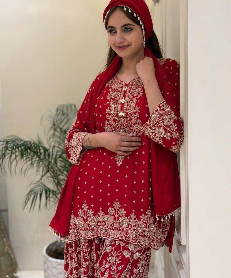 Red faux georgette embroidered palazzo set