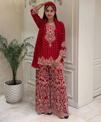Red faux georgette embroidered palazzo set 2