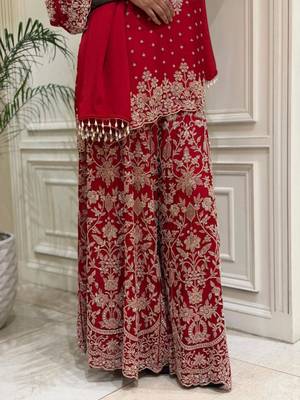 Red faux georgette embroidered palazzo set 3