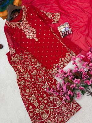 Red faux georgette embroidered palazzo set 4